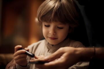 Child using glucometer to check blood sugar level with finger prick as part of diabetes management and healthcare monitoring. Pediatric diabetes concept with child testing glucose level using device