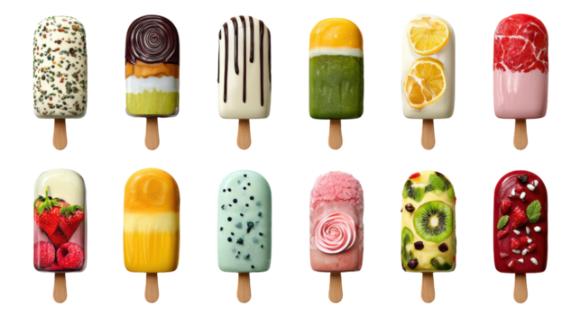 Set of unique summer popsicle and ice cream desserts isolated on a white background
