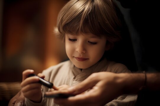 Child using glucometer to check blood sugar level with finger prick as part of diabetes management and healthcare monitoring. Pediatric diabetes concept with child testing glucose level using device