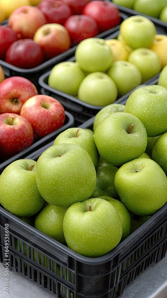 Poster colorful array of fresh apples and fruits displayed on shelves in a grocery store with bright lighti