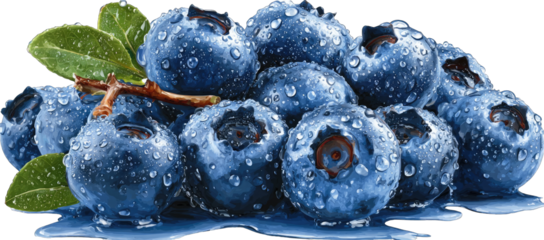 Fresh, glistening blueberries covered in water droplets, with leaves and stems