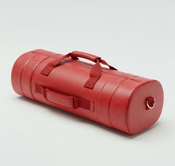 Red leather cylindrical gym duffel bag with padded handles D-ring attachment and compression straps isolated on white background