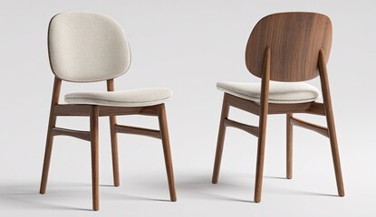 Two light wood dining chairs, cream upholstery