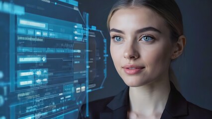 Futuristic woman with blue eyes analyzing holographic data interface, cyber technology concept for artificial intelligence, big data, and digital innovation visuals