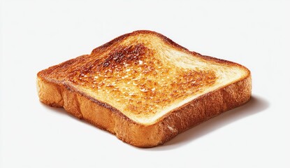 Fototapeta premium Close-up of a single square slice of toasted bread. Golden-brown crust, light interior. Melted butter visible. Isolated on white background