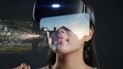 A person wearing a virtual reality headset experiences an immersive digital environment, surrounded by glowing particles and abstract visual effects, exploring technology. - Powered by Adobe