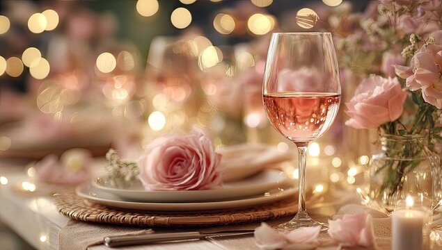 Romantic dinner table setting. Pink rose, rose wine,  and lights