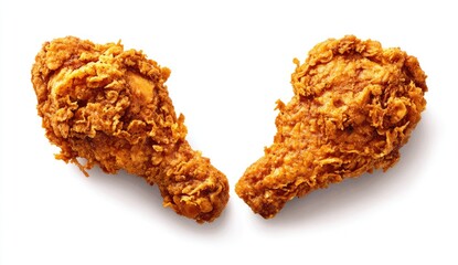 Two crispy fried chicken drumsticks, golden brown, isolated on white