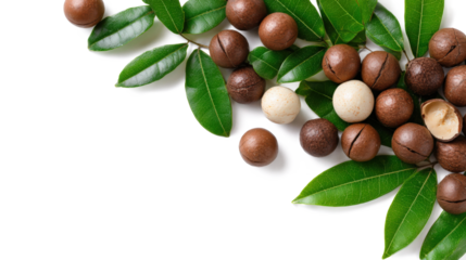 Shelled and unshelled macadamia nuts with leaves isolated on a white background with copy space for your text. Top view. Flat lay pattern isolated on a white background