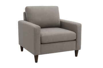 Fototapeta premium Comfortable gray armchair with wooden legs isolated on transparent background, perfect for interior design projects