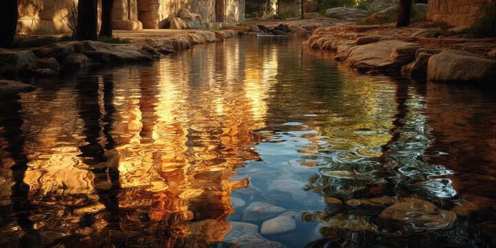 Tranquil river reflecting golden light near ancient ruins in a peaceful natural setting