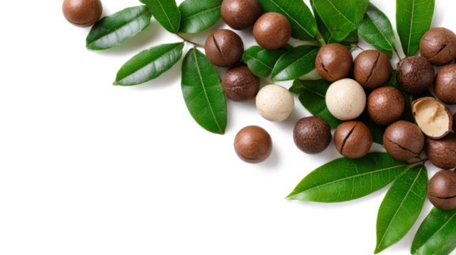 Shelled and unshelled macadamia nuts with leaves isolated on a white background with copy space for your text. Top view. Flat lay pattern isolated on a white background