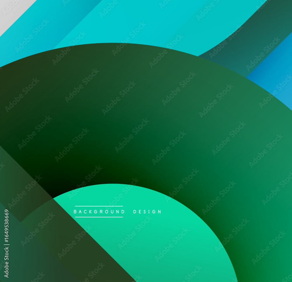 Poster abstract geometric shapes overlap, creating dynamic teal, green gradients. minimalist design suitabl