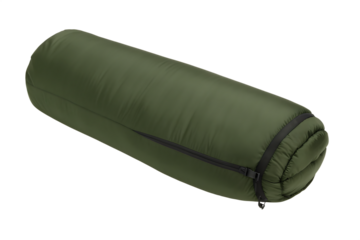 Rolled green sleeping bag isolated on a transparent background