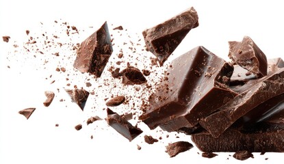 Fototapeta premium Dark chocolate chunks explode in mid-air, isolated on white