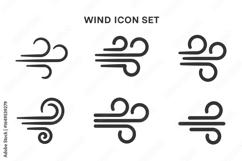 Poster wind icon set vector illustration depicting air movement with swirling lines and dynamic flow for we