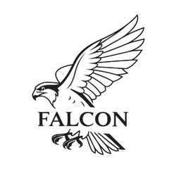Fototapeta premium Stylized black falcon bird of prey with outstretched wings and the word falcon isolated on transparent background