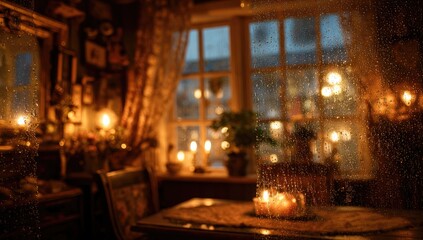 Fototapeta premium Warm, dimly lit room seen through a rainy window