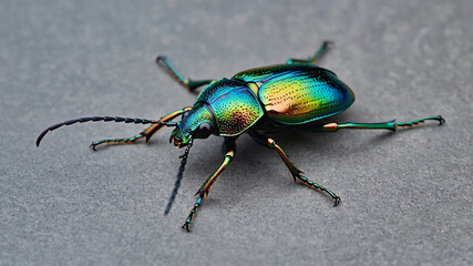 Jewel beetle captured in sharp macro from above, shiny shell on matte neutral background