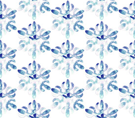 Watercolor seamless pattern with abstract floral shapes. Blue and violet color palette. Geometric botanical ornament. Hand-painted repeating background.