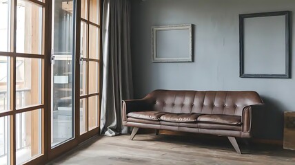 Rustic sofa near a grey wall with two frames against a big window. Scandinavian, rustic home interior design of a modern living room.