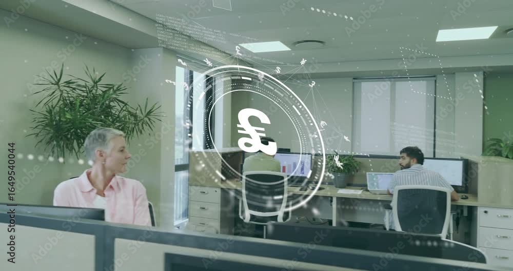 Aufkleber office manager typing and causing pound symbol overlay while co-worker joining for finance analysis