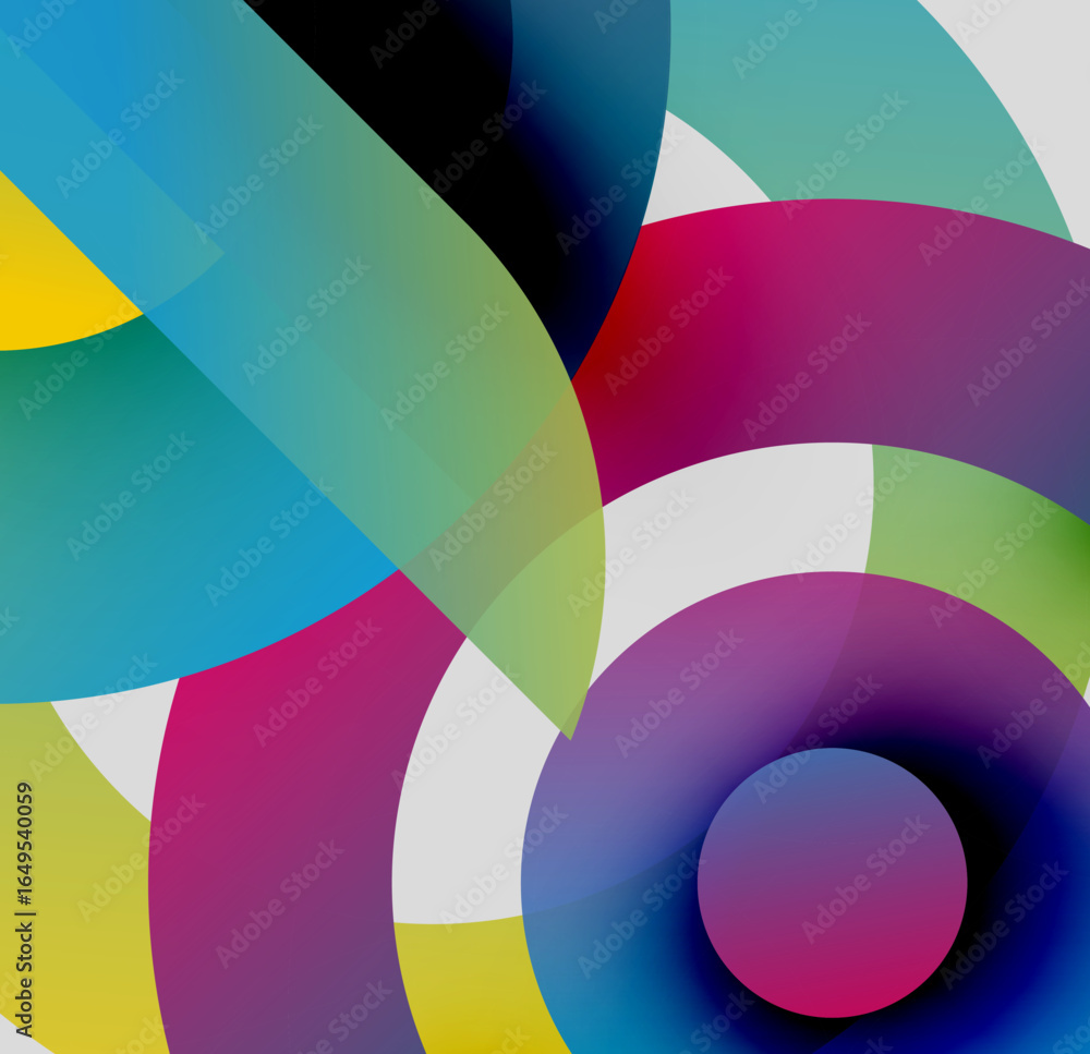 Poster abstract colorful shapes overlap, creating dynamic visual effect. circles, curves dominate compositi