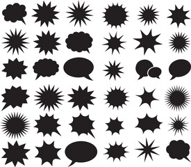 Collection of hand drawn starbursts and speech bubbles in black ink