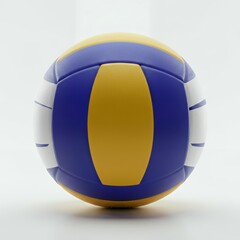 Fototapeta premium Blue and yellow volleyball with white striped panels showing detailed leather texture and stitching on neutral gray background
