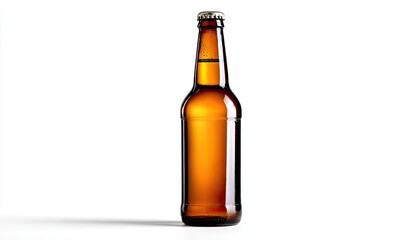 Single amber beer bottle, full, on white background