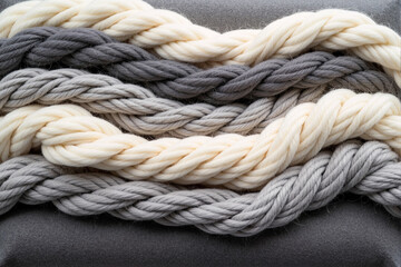 close-up of thick, soft wool yarn braided in neutral colors like cream and grey, creating a cozy and warm texture background for knitting, crafts, or textiles