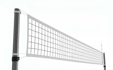 Side angle view of volleyball net with cylindrical poles and white top tape showing professional sports equipment construction details
