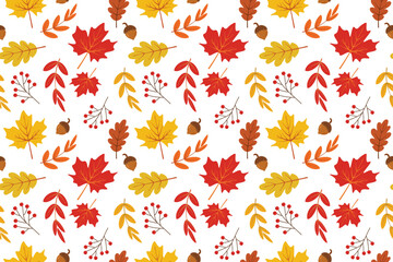 Seamless autumn pattern with autumn leaves, flowers, berry branches, acorns, on isolated transparent background. Cozy seasonal fall vector design.