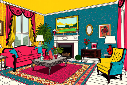 colorful living room is drawn in a vibrant pop art or comic book illustration style, featuring retro furniture and a bold, graphic interior design concept