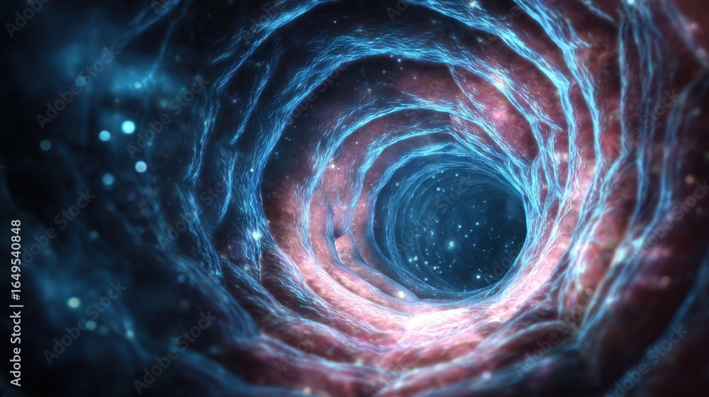 Poster light and energy are swirling around a tunnel in interstellar space, creating a mesmerizing spectacl