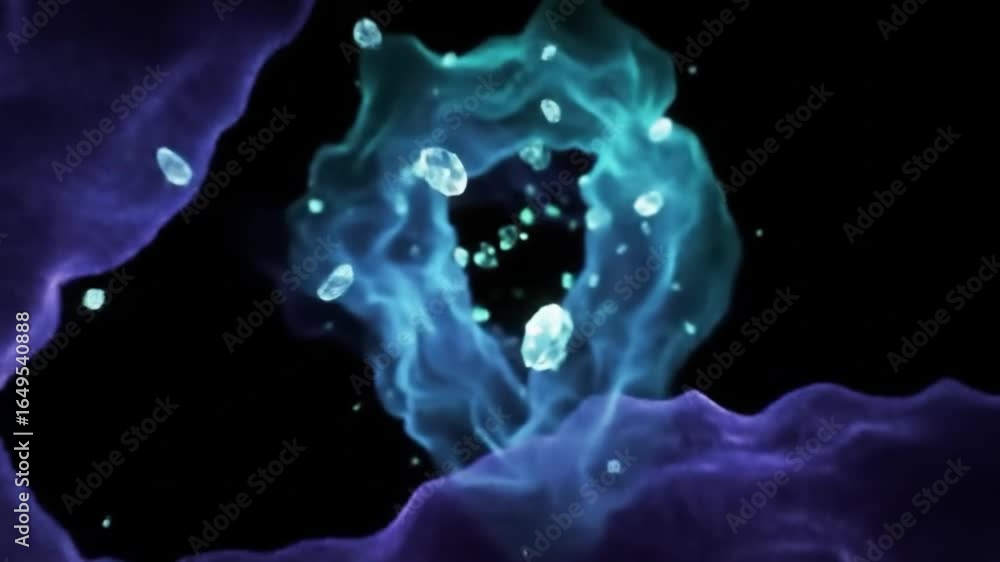 Poster abstract microscopic cellular environment background with flowing blue and green particles and organ