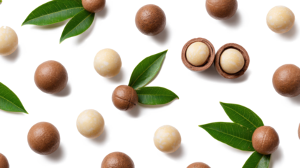 Shelled and unshelled macadamia nuts with leaves isolated on a white background with copy space for your text. Top view. Flat lay pattern isolated on a white background