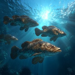 Fototapeta premium Underwater Scene with Several Fish Swimming in Clear Blue Water