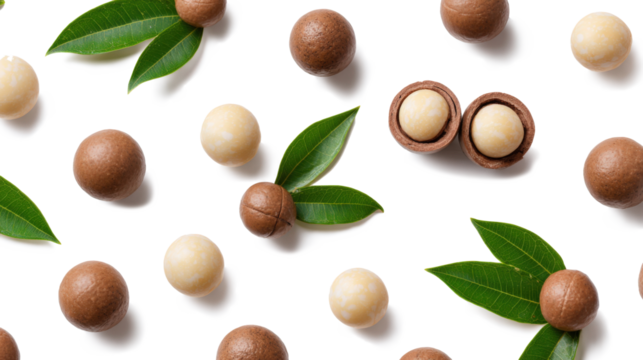 Shelled and unshelled macadamia nuts with leaves isolated on a white background with copy space for your text. Top view. Flat lay pattern isolated on a white background