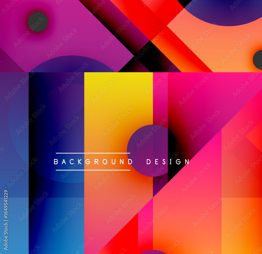 Poster Abstract geometric composition. Vivid gradients, overlapping shapes create dynamic visual effect. Modern design elements present.