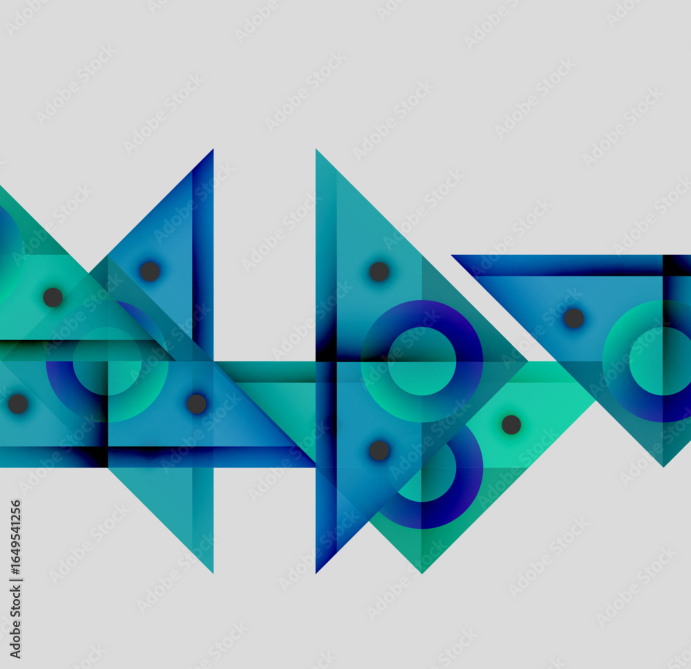 Poster abstract geometric composition. blue, turquoise shapes overlap creating dynamic visual effect. circl