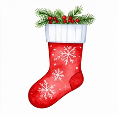 Watercolor Red Christmas Stocking with Snowflakes and Greenery on White