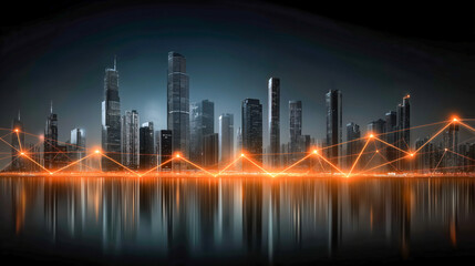 Obraz premium Digital banking transaction visualized as glowing network lines between skyscrapers in a futuristic cityscape, symbolizing global financial connectivity.