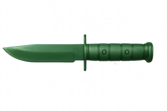 Military green tactical knife with gleaming blade, displaying rugged handle, positioned on clean transparent surface