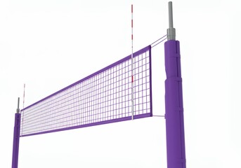 Purple beach volleyball net system with adjustable tension cables and mounting hardware viewed from side angle on white