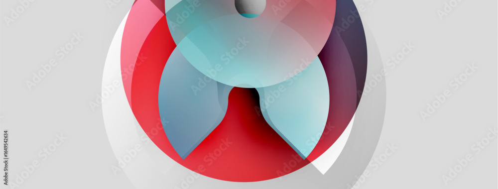 Poster abstract composition features overlapping circles. red, blue, turquoise hues blend, creating dynamic