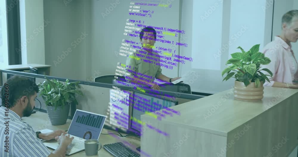 Poster tech data analyst shifting to project manager presenting data with animated code and chart overlays