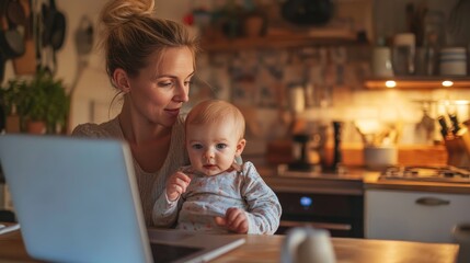 Mom balancing work and parenting  engaging in a video call while caring for her baby in the kitchen