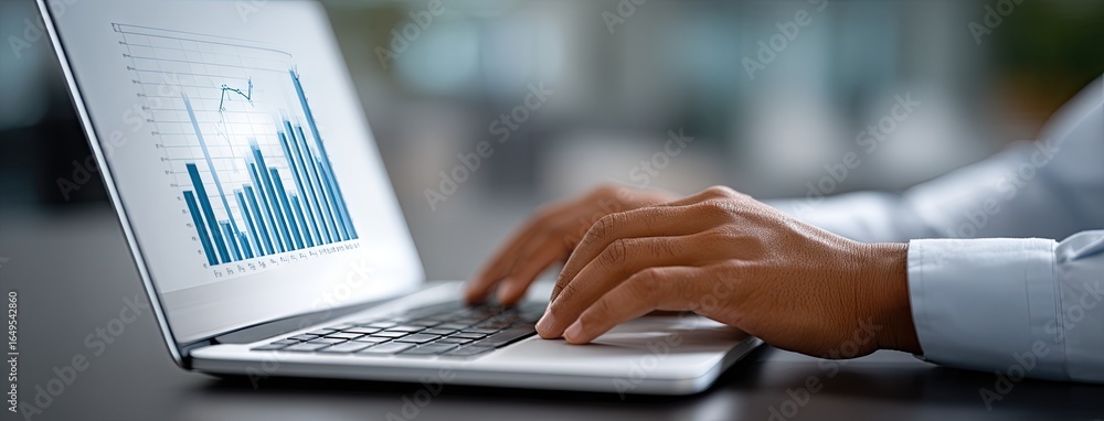 Poster hands typing on a laptop displaying a bar graph in a modern office setting during the day