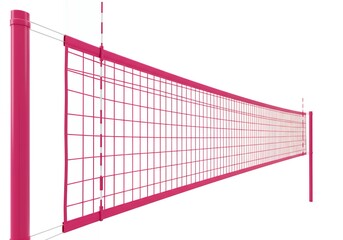 Pink Volleyball Net with Side Boundary Antenna and Red Accents, Front Perspective 3D Render for Sports Branding and Girls' Professional Volleyball Graphics.